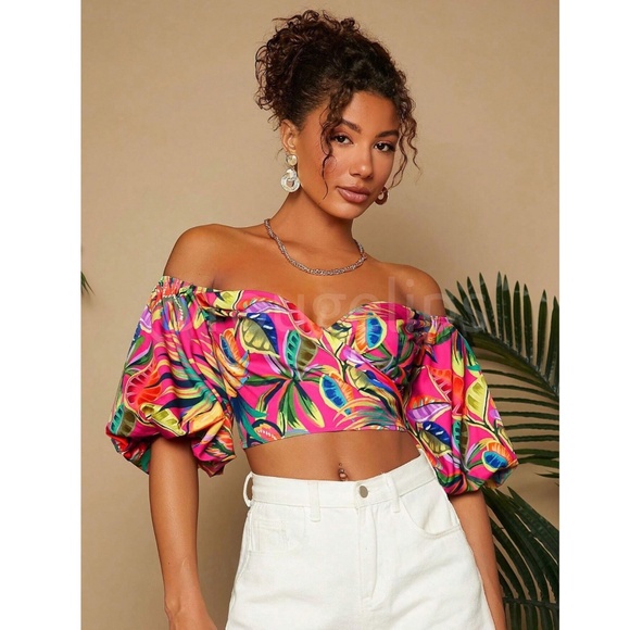 Off the Shoulder Floral Puff Sleeve Shirred Sweetheart Neck Crop Top Multicolor - Picture 6 of 7